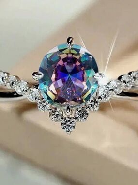 Mystic Rainbow Center Stone Silver tone Ring - Women Jewelry B10